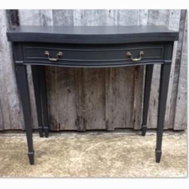 Fabulous vintage black console table - opens to reveal a chess board; chess pieces included! $195
