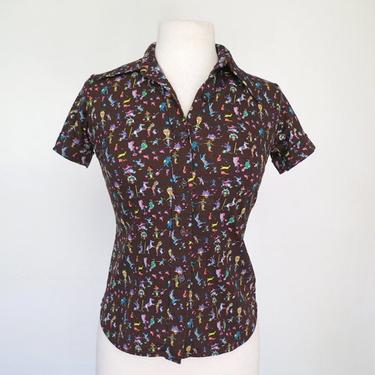 1970s brown stretchy poly top with neon toy design 