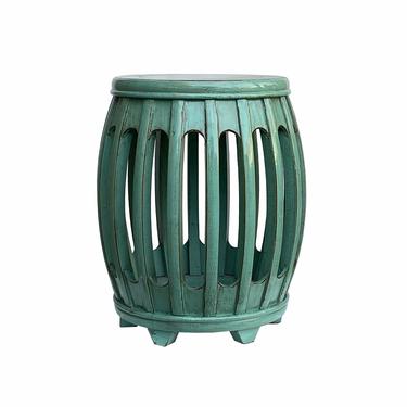 Chinese Oriental Turquoise Green Blue Round Barrel Wood Stool Table cs7042E 
