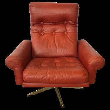 1960s Mid Century Modern Red Leather Swivel Chair