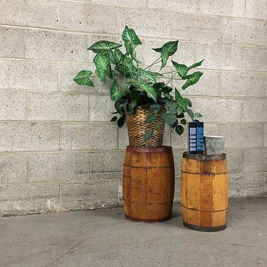 Vintage Wine Barrels Retro Wood and Metal End Tables Planters or Storage Set of 2 LOCAL PICKUP ONLY 