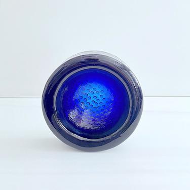 Vintage 1970s Modern Cobalt Blue Art Glass Thick Bowl with Circular Hobnail Bumps on Base Blenko ? 