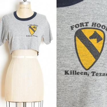 vintage 80s tee crop top Fort Hood print single stitch thin military t shirt M clothing 