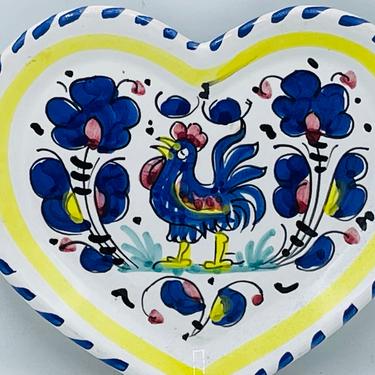 Vintage Sambuco Mario Deruta Italy Heart-Shaped Plate, Multicolor Bird and Flowers Blue Border- Chip Free 
