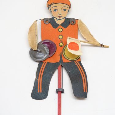 Antique Paper Boy Puppet with Cymbals, Vintage Musical Toy, with Japan Paper Flag 