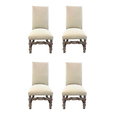Transitional High Back Carved Wood Beige Linen Dining Chairs Set of Four