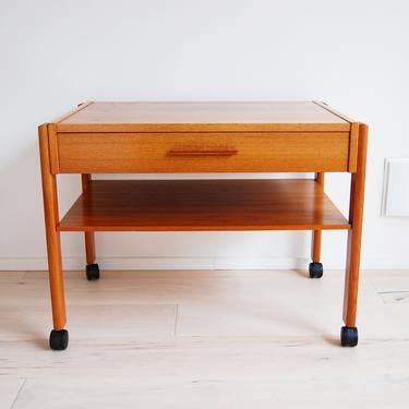 Scandinavian Modern Teak Side Table with Drawer and Casters 