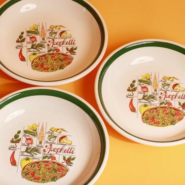 Set of 3 Vintage Italy White Green Pasta Spaghetti Print Pasta Bowl Plates 