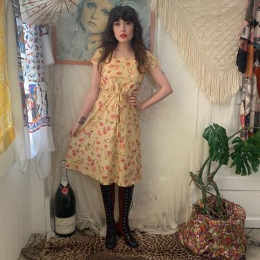 70's FLORAL DRESS - butterflies - yellow pink - ties - small 