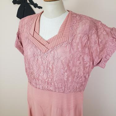 Vintage 1940's Lace Cocktail Dress / 50s Formal Dusty Rose Dress XXL 