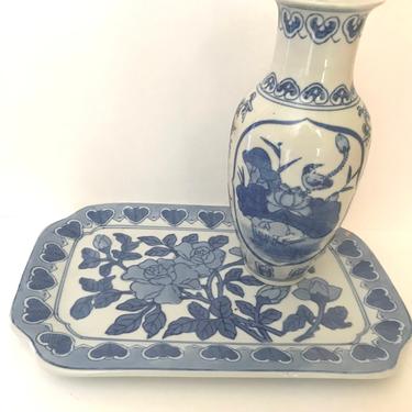 Vintage Blue and White  Porcelain Vase and Tray Set - Chinoiserie 