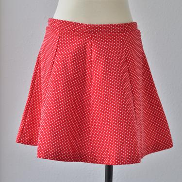 60s Vintage Red Polka Dot Polyester Mini Skirt, A-Line, Full Skirt, Elastic Waist, Rockabilly, Mod, Pin up girl, Micro Mini 