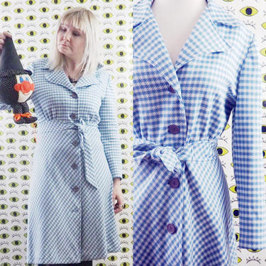 60s 70's Gingham Button Down Dress/Thick Polyester Jacket or Duster 