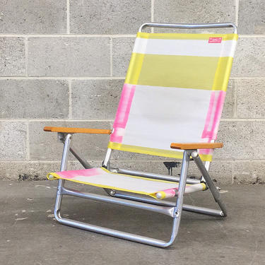 Vintage Beach Chair Retro 1990s Rio + Beach Collection + Aluminum + Metal + Lawn Chair + Neon Colors + Wood Armrests + Folds Up + Summer 