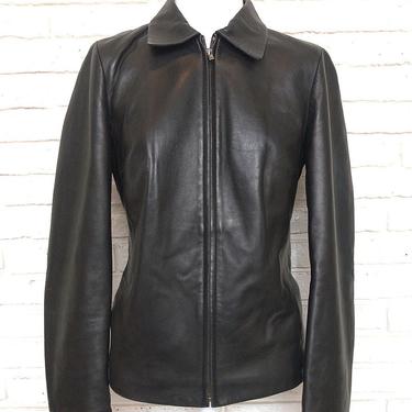 Vintage Black Lambs Leather Jacket by Hugo Boss Super Soft Zip Front Womens Leather Small 