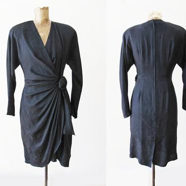 Vintage 80s Black Silk Cocktail Dress S - 80s Shoulder Pad Dress - Ruched Gathered 1980s Party Dress - 80s Dynasty Glam Dress 