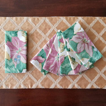 Vintage Napkin Set of 6 / 15&quot; Floral Dinner Napkins / Green & Pastel Pink Napkins / Floral Cotton Table Linens / Full Size Cloth Napkin Set 