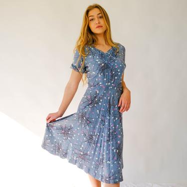 Vintage 40s Forever Young Dusty Blue Silk Atomic Dandelion Day Dress | Pinup, Monroe, Golden Age, WWII Era | 1940s Designer Silk Midi Dress 
