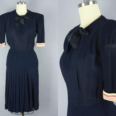 1940s PUFF SLEEVE Dress | Vintage 40s Navy Blue Rayon Peplum Dress with Exposed Bell Zipper | xs/s 