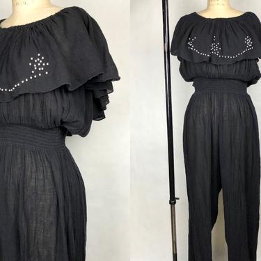 Vintage Late 1970s Sheer Black Gauze Jumpsuit by California Dynasty, 70s Beaded Embellishments, Vintage Casual Wear, 70s Loungewear, Size L by Mo