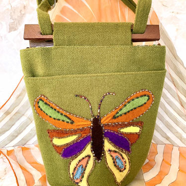 Vintage Bucket Bag Purse, Groovy Butterfly, Mod, Beaded Appliqué, Burlap Fabric, Adjustable Strap, 60s 70s 