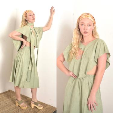Vintage 1980s Set / 80s Suede skirt and Capelet Set / Seafoam Green ( S M ) 