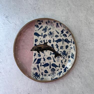 Dolphin Ceramic decorative plate, Nautical pottery plate, ocean life decor, Plant plate 12, ready to ship 