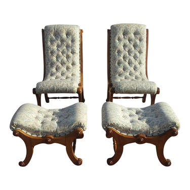 Antique Victorian Carved Wood Upholstered Slipper Accent Chair w/matching Footstools 
