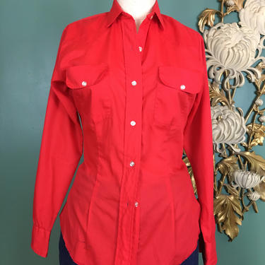 1970s red blouse, button up shirt, vintage 70s shirt, western style, rockabilly style, small medium, retro shirt, fitted, long sleeve, women 
