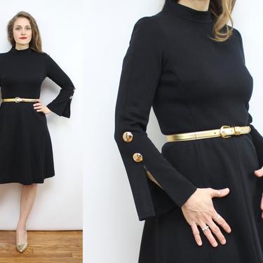 Vintage 70's Black Wool Split Sleeve Dress / 1970's Wool Dress / Bell Sleeves / MOD / 60's Dress /  Women's Size Small - Medium by Ru