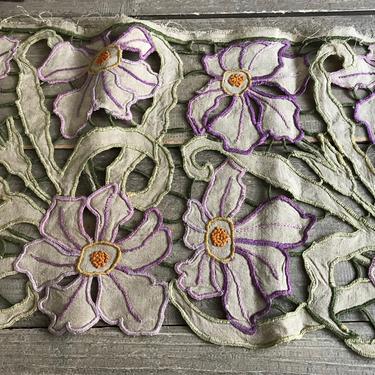 Floral Cutwork Cantonnier Window Valance, Unbleached Linen, Hand Embroidery Work, Restoration Sewing Project 