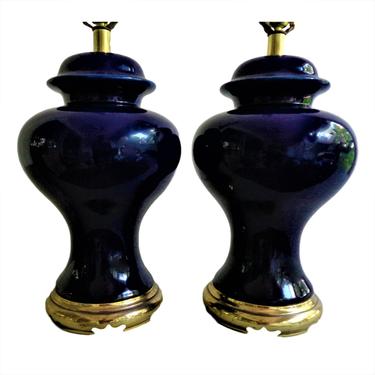 Pair Hollywood Regency Blue Ginger Jar Table Lamps Indigo Navy Ceramic Chinoiserie ~ VVH VINTAGE 