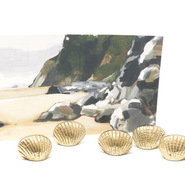 Set of Five Vintage Brass Seashell Placecard Holders, Solid Brass Shell Wedding Decor 