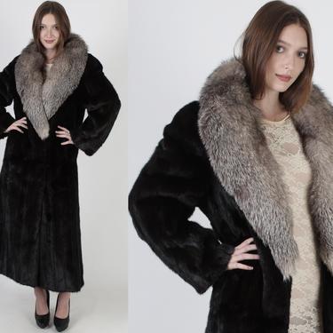 Full Length Dark Brown Mink Coat / Silver Arctic Fox Collar Overcoat / 80s Mahogany Shawl Collar Overcoat Maxi Luxury Jacket 