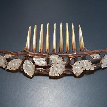 Art Nouveau Elisabeth Bonté GIP Style Honesty Seeds Horn Hair Comb, Antique French Carved Horn Hair Comb, Bridal Comb, Nature Motif Comb 