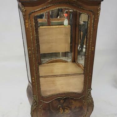 Antique French Vernis Martin Hand Painted Single Glass Door Brass Ormolu Mounted Bombe Display Vitrine Cabinet