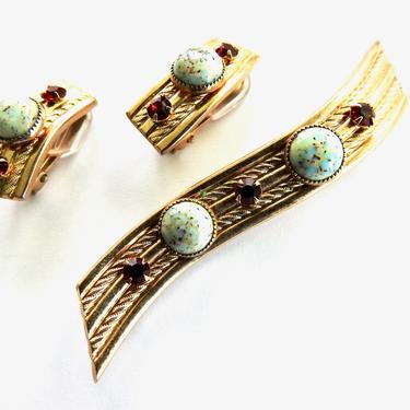 Turquoise Glass Brooch and Earrings 