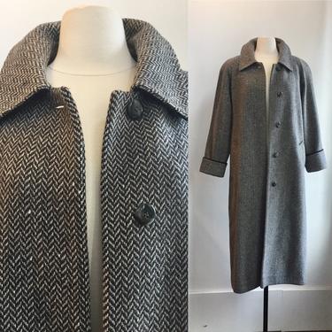 Vintage 80’s Long HERRINGBONE Wool Overcoat Coat / Forecaster of Boston / Hidden Placket 
