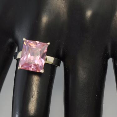 80's sterling pink tourmaline size 7.75 solitaire statement, big elegant 5.2 carat rectangular gem 925 silver bling ring 
