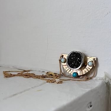 Black Drusy Relic Pendant with Turquoise and Opals in Sterling and 14k Gold Fill Sculptural Art Phoenix Rising Pedant 