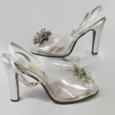VINTAGE 1970s Silver Sparkle Ankle Wrap Clear High Heels | 70s Studio 54 Disco Shoes | 60s See Through Vamps Rosette Open Toes | Aldens Sz 6 