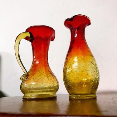 Vintage Kanawha Amberina Crackle Glass Oil and Vinegar 