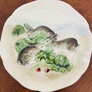 French Majolica Plate with Bunny Motif, c. 1910