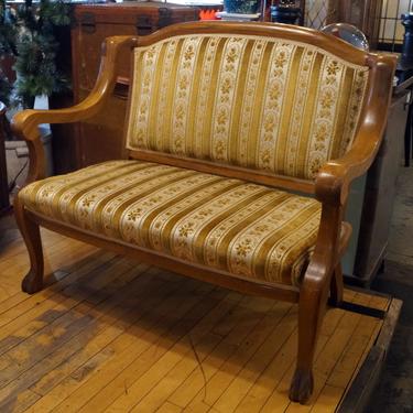 Light Wood Framed Loveseat w Claw Feet and Gold Pattern Fabric
