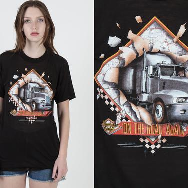 1988 Truckers Only T Shirt / On The Road Again Graphic Tee / Paper Thin Black 50 50 Single Stitch / Mens Truck Stop Shirt Size Medium M 