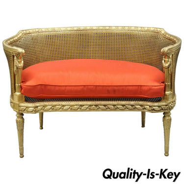 Antique French Louis XVI Style Gold Cane Giltwood Oval Settee Loveseat Bench