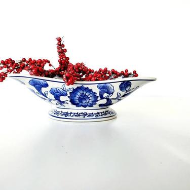 Blue &amp; White Floral Chinoiserie Pedestal Bowl 
