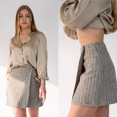Vintage 90s DKNY Light Gray Wool Tweed Striped Wrap Mini Skirt | Clueless, Bohemian, Uptown Chic | 1990s Donna Karan Designer Mini Skirt 