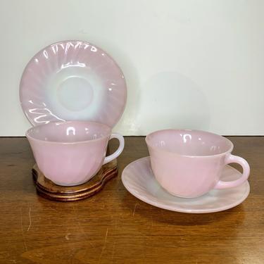 Vintage Anchor Hocking Fire King Pink Swirl Tea Cup and Saucer Pair 