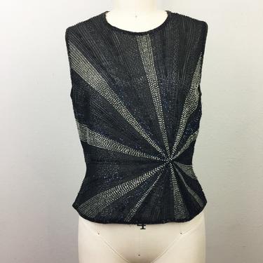 Vintage 90s STARBURST Beaded Party Top Black Silver Blue Silk Evening Tank Papéll Boutique S 
